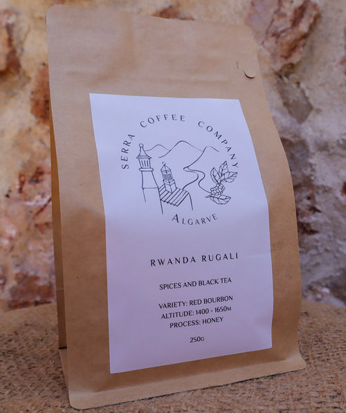 Serra Coffee Company Rwanda Rugali Red Bourbon honey process coffee with spices and black tea notes. 